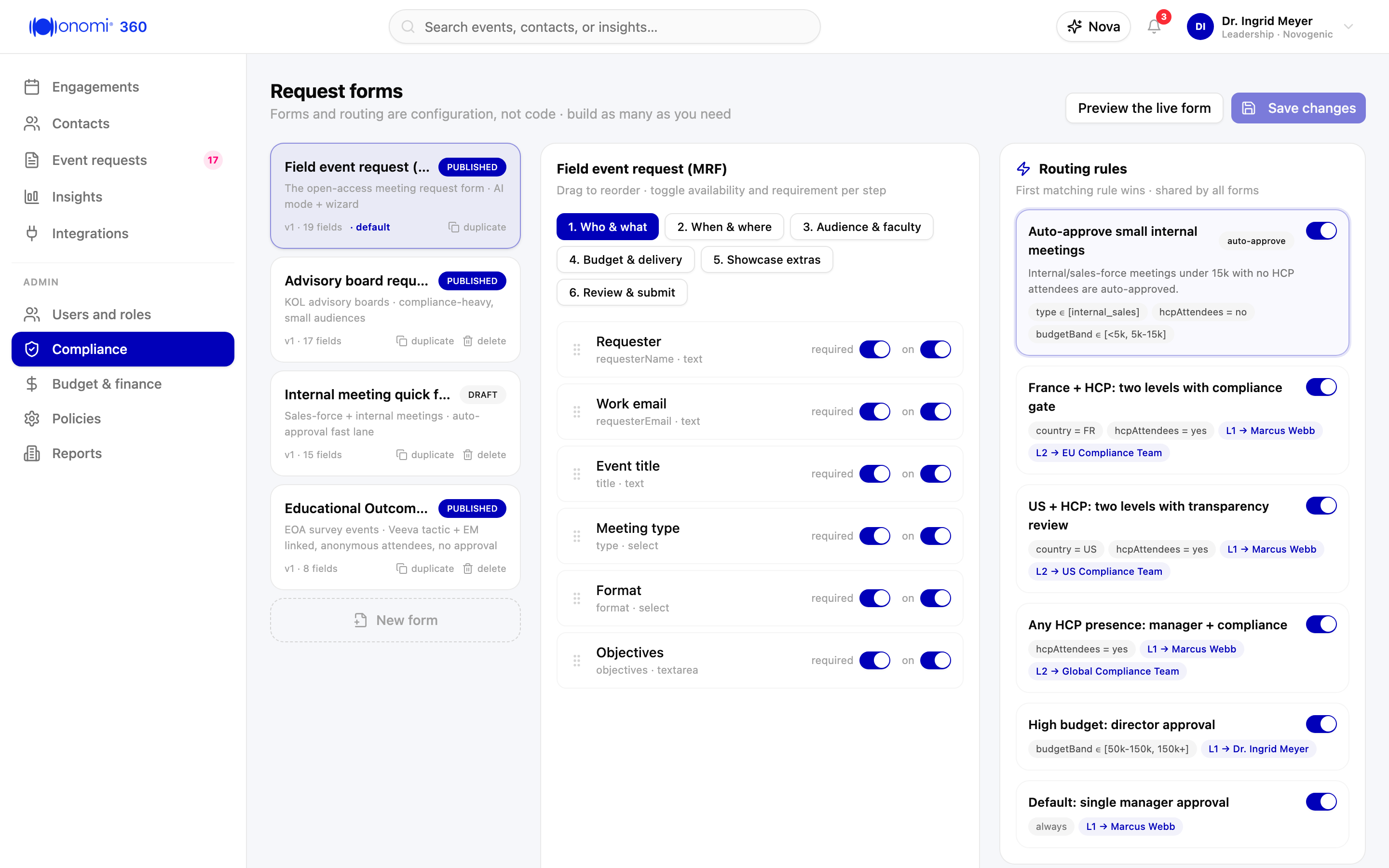 Screenshot kb-01-04: the Auto-approval section with the toggle switched on, the Budget threshold set to EUR 5,000, and the internal category selected under Request categories, Novogenic demo workspace, synthetic data