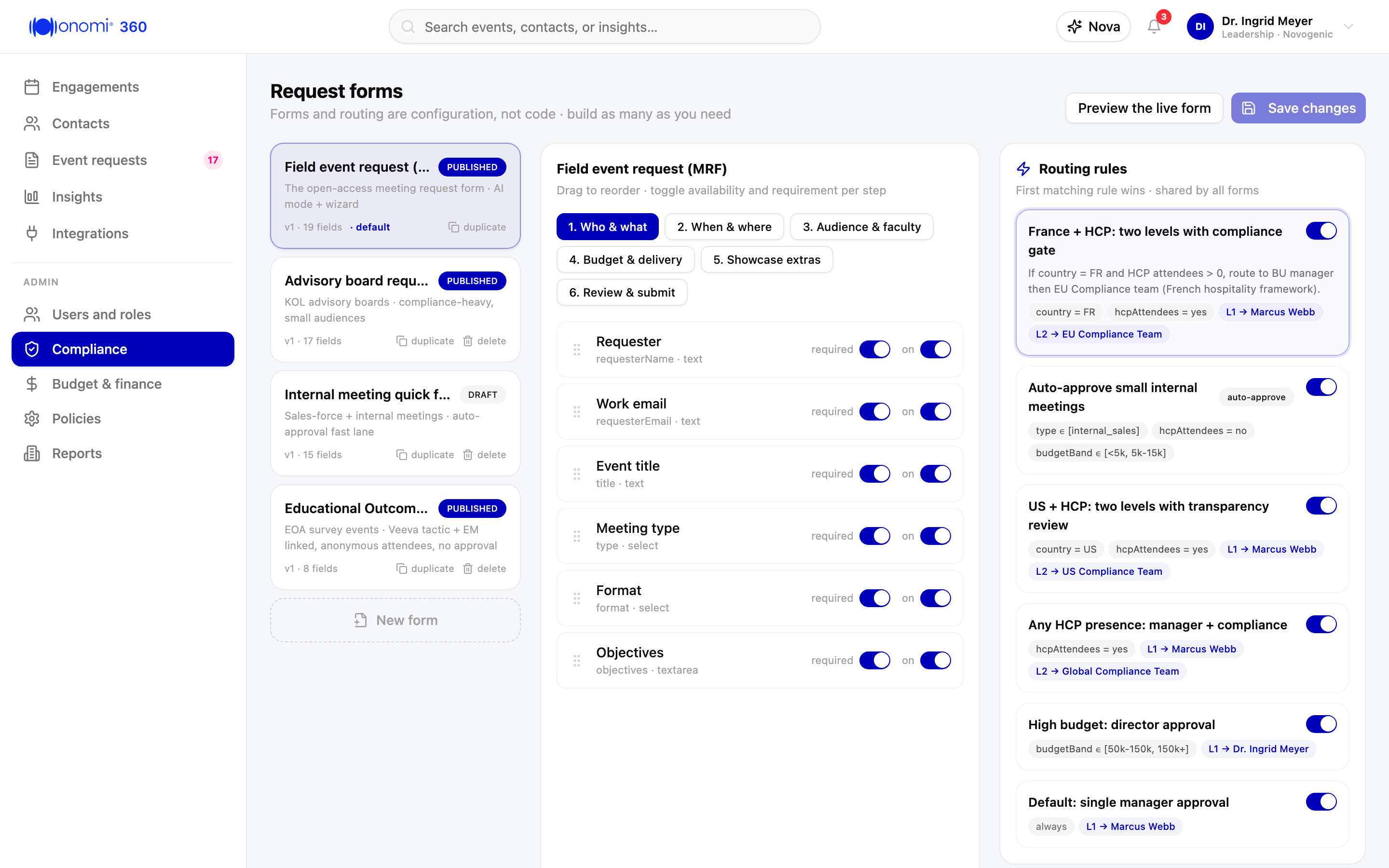 Screenshot kb-01-03: the Approval rules tab with the rule "HCP meetings above 10,000 EUR, two levels" open, its conditions showing the budget band, attendee type, request category, and Hospitality over market meal cap axes, two approval levels in order, and the built-in default rule sitting last in the list, Novogenic demo workspace, synthetic data