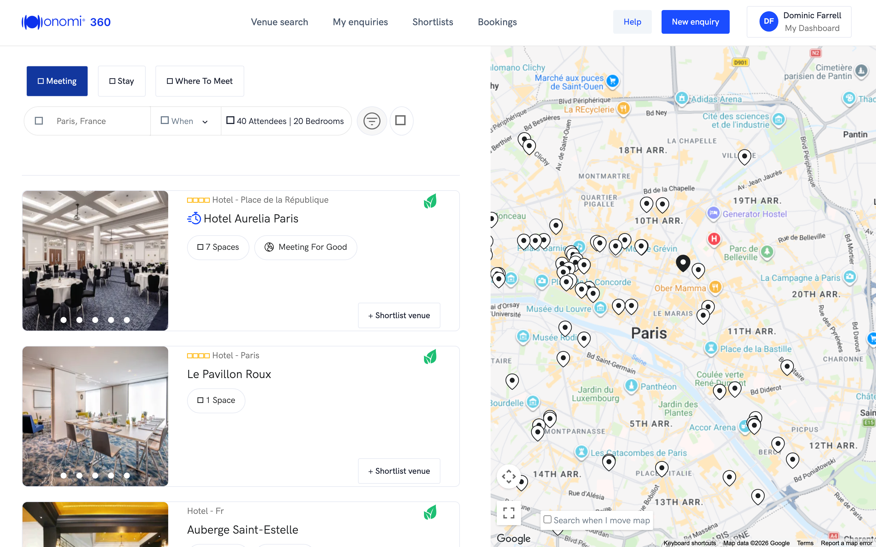 Screenshot kb-02-02: Venue search results for Paris provided by the connected sourcing partner, ranked result cards for 40 attendees on June 4 to 6, 2026, top card "Hotel Aurelia Paris" carrying the approved-venue flag, live availability, and a live day rate (EUR 3,900, connected inventory), second card "Le Pavillon Roux" marked "Availability: confirmed by the venue in its RFP response", third card carrying the preferred-terms flag, Novogenic demo workspace, synthetic data