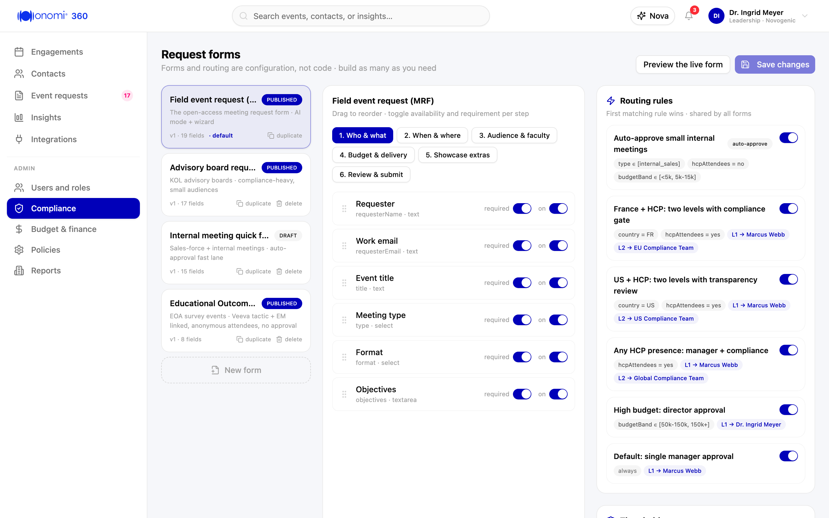 Screenshot kb-01-01: the Request form tab with the four category cards (internal, scientific, executive, congress) and the portal address shown at the top of the tab, Novogenic demo workspace, synthetic data