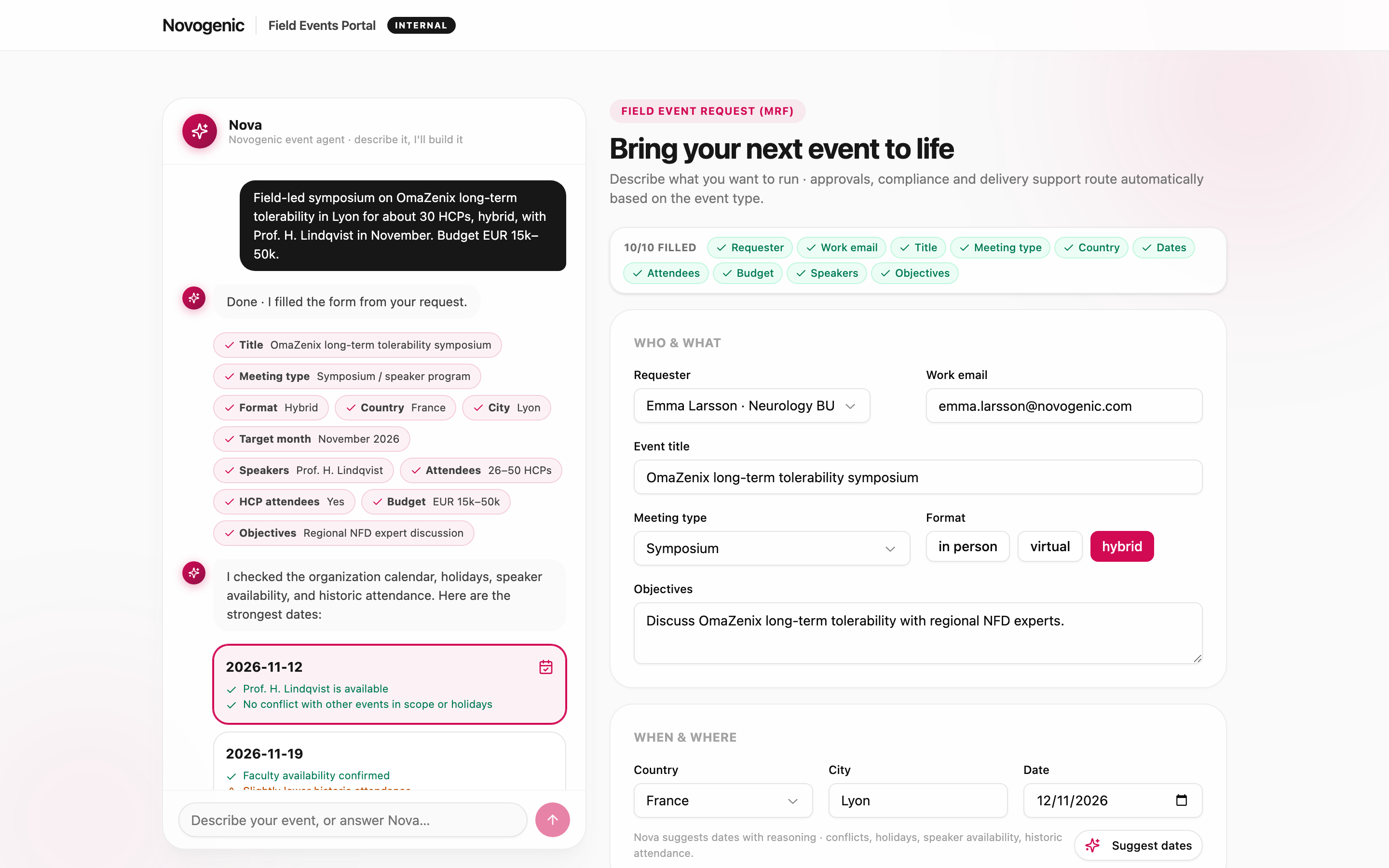 Screenshot kb-01-07: the portal category picker with the four categories and the Duplicate last event option, the prior event "NEGS 2026 advisory board" (OmaZenix) offered to copy, Novogenic demo workspace, synthetic data