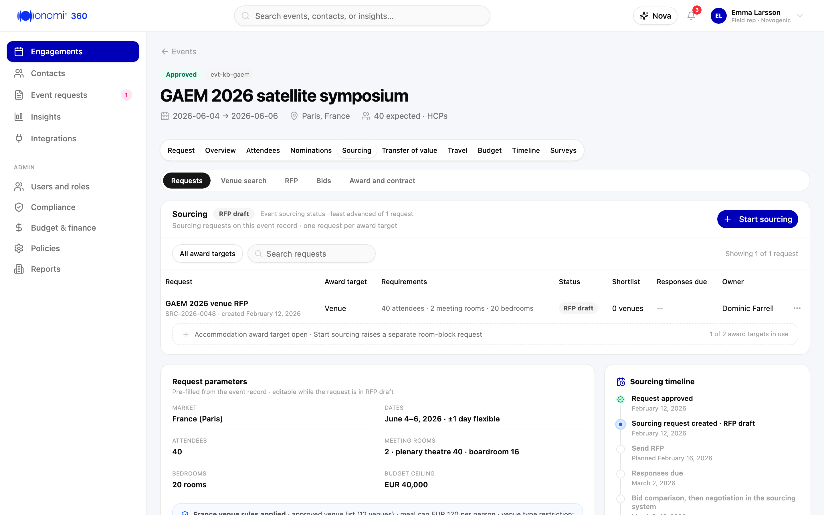 Screenshot kb-02-01: Event record Sourcing module, event "GAEM 2026 satellite symposium" (Bezimunex, AXS) with a new sourcing request in RFP draft, pre-filled with market France (Paris) and dates June 4 to 6, 2026, shortlist count 0, and Start sourcing still offered for a second request, Novogenic demo workspace, synthetic data