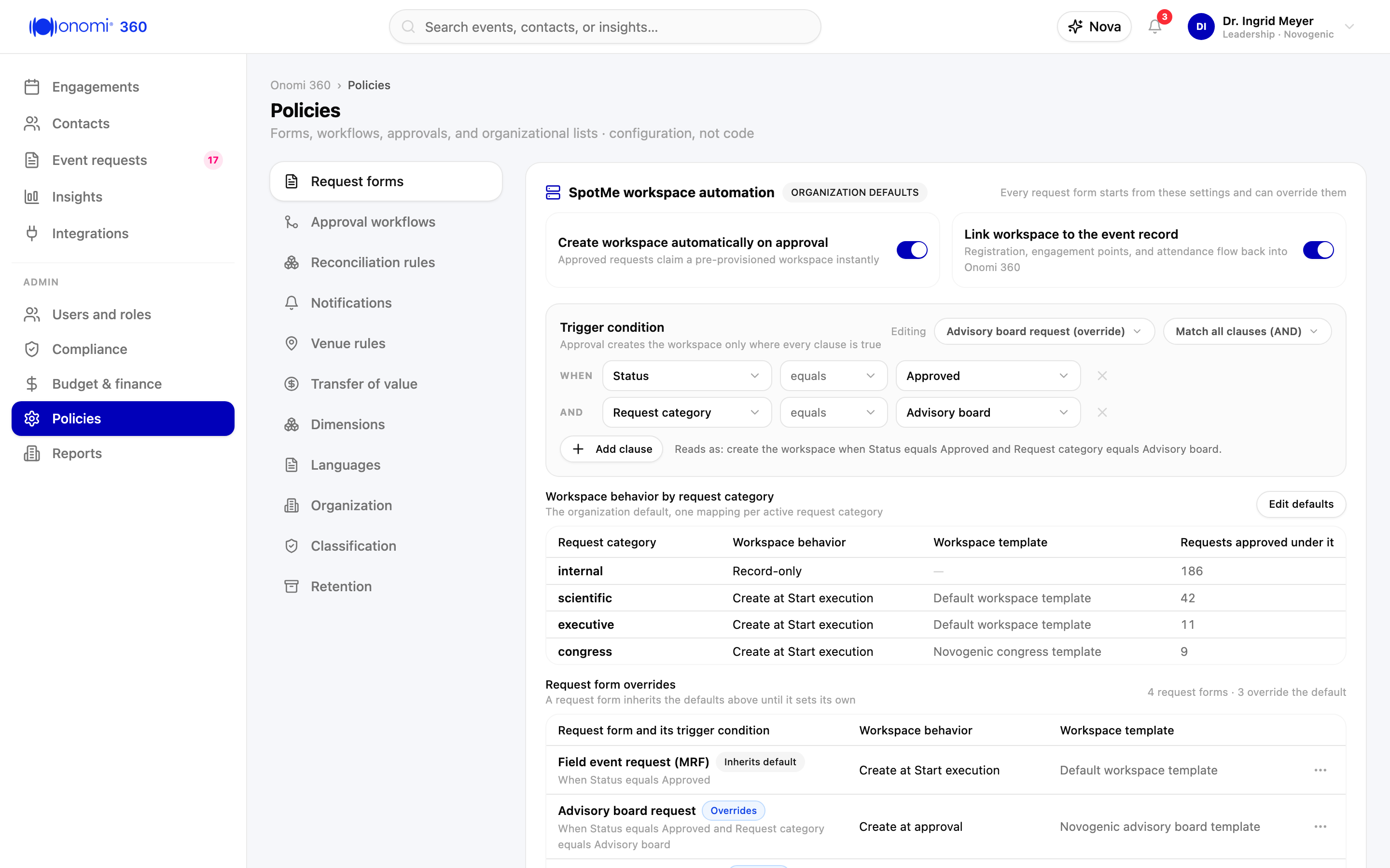 Screenshot kb-01-05: the workspace automation settings marked Organization defaults, with the Workspace behavior by request category table holding one mapping per request category, internal mapped to Record-only, scientific and executive mapped to Create at Start execution from the default workspace template, and congress mapped to Create at Start execution from the Novogenic congress template; above it the trigger-condition builder for creating the workspace, editing the Advisory board request override with the clauses Status equals Approved and Request category equals Advisory board and the line "Reads as: create the workspace when Status equals Approved and Request category equals Advisory board"; below it the Request form overrides table, where Field event request (MRF) inherits the default and Advisory board request overrides it to Create at approval from the Novogenic advisory board template, Novogenic demo workspace, synthetic data