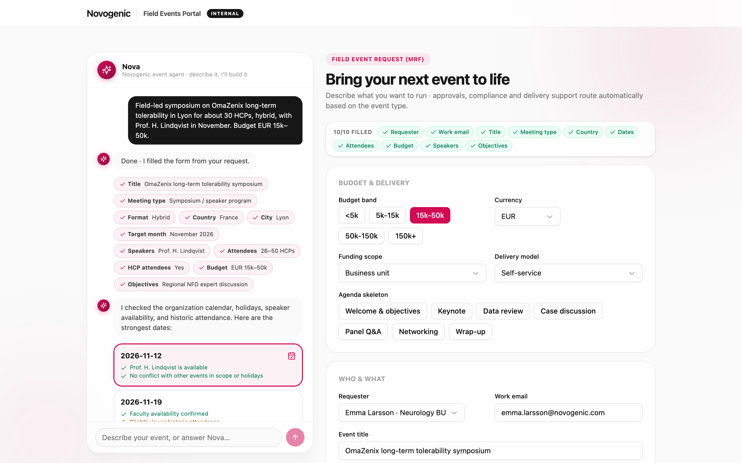 Screenshot kb-03-04: meeting request portal, request form, Budget band field open on the request "GAEM 2026 satellite symposium" (Bezimunex, AXS), currency EUR selected, band "25,000 to 100,000" chosen from the EUR band list, the selected band shown next to the request status Submitted, Novogenic demo workspace, synthetic data