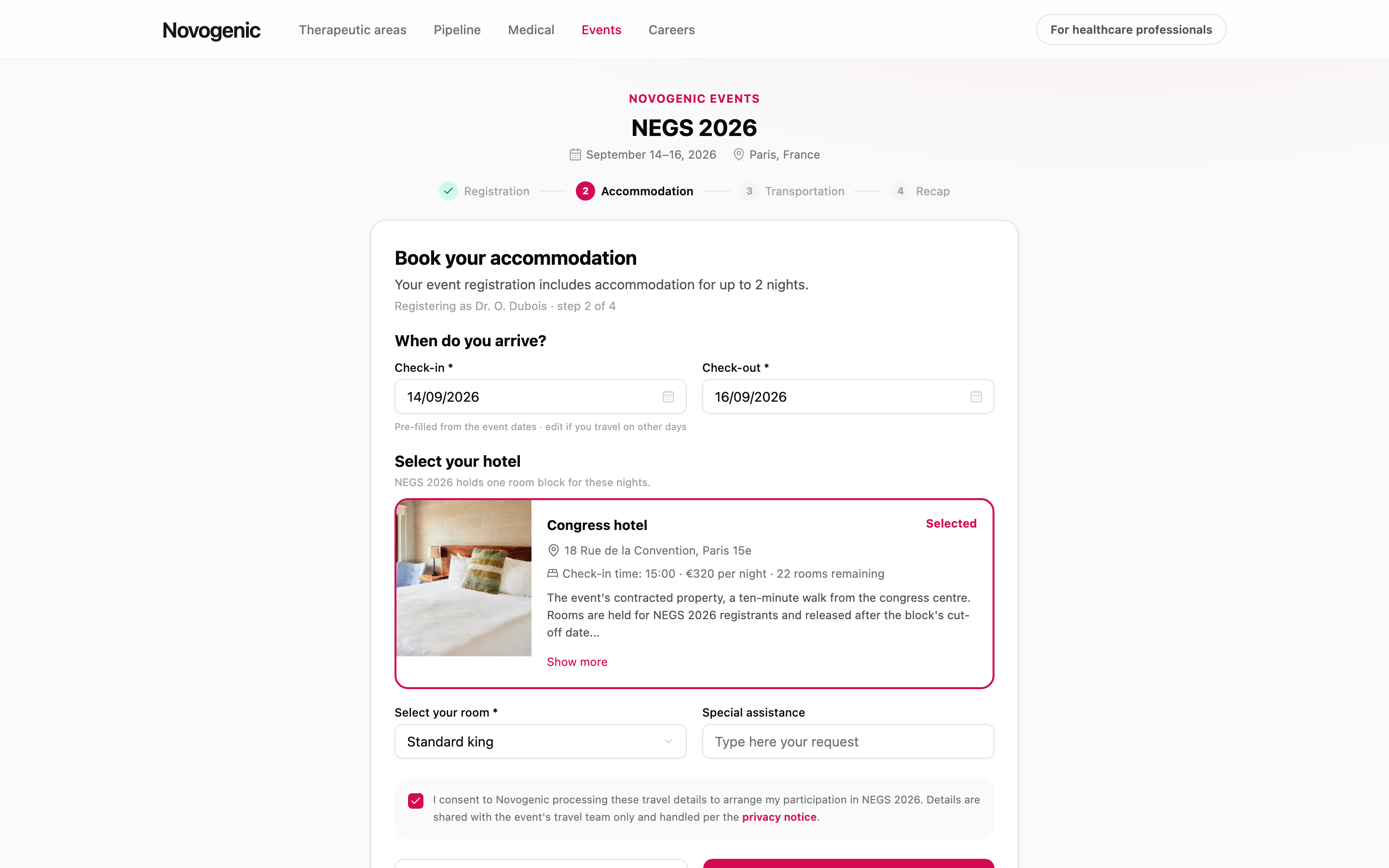 Screenshot kb-05-02: registration page preview, the accommodation step of the travel journey as registrant Dr. O. Dubois sees it on "NEGS 2026", Novogenic-branded: "Book your accommodation" with Check-in 14/09/2026 and Check-out 16/09/2026 pre-filled from the event dates and editable, Select your hotel showing the event's one room block "Congress hotel" selected at EUR 320 per night with 22 rooms remaining, Select your room reading "Standard king", one preference field "Special assistance", the registration consent line, and the Back and Next controls
