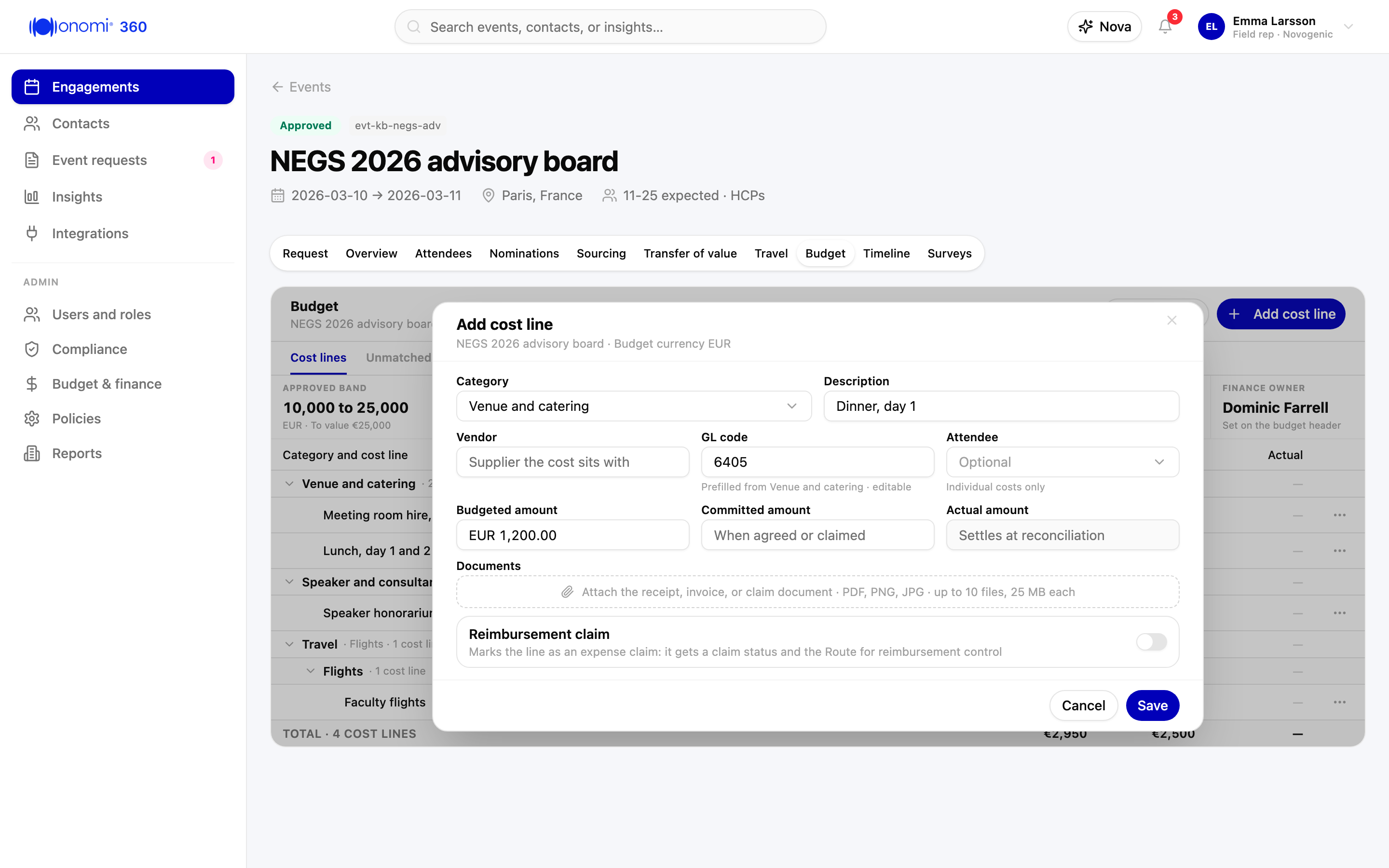 Screenshot kb-13-01: the Budget module of the event "NEGS 2026 advisory board" with the Add cost line dialog open under the "Venue and catering" category, the whole dialog in frame down to Cancel and Save, Description "Dinner, day 1", Vendor empty, GL code 6405 prefilled from the category and marked editable, Budgeted amount EUR 1,200.00, Committed and Actual amounts empty, Attendee empty, the Documents attach zone, Reimbursement claim off, and behind the dialog the budget header's Approved band stat and the Budgeted, Committed, and Actual totals of the grid legible through the scrim, Novogenic demo workspace, synthetic data