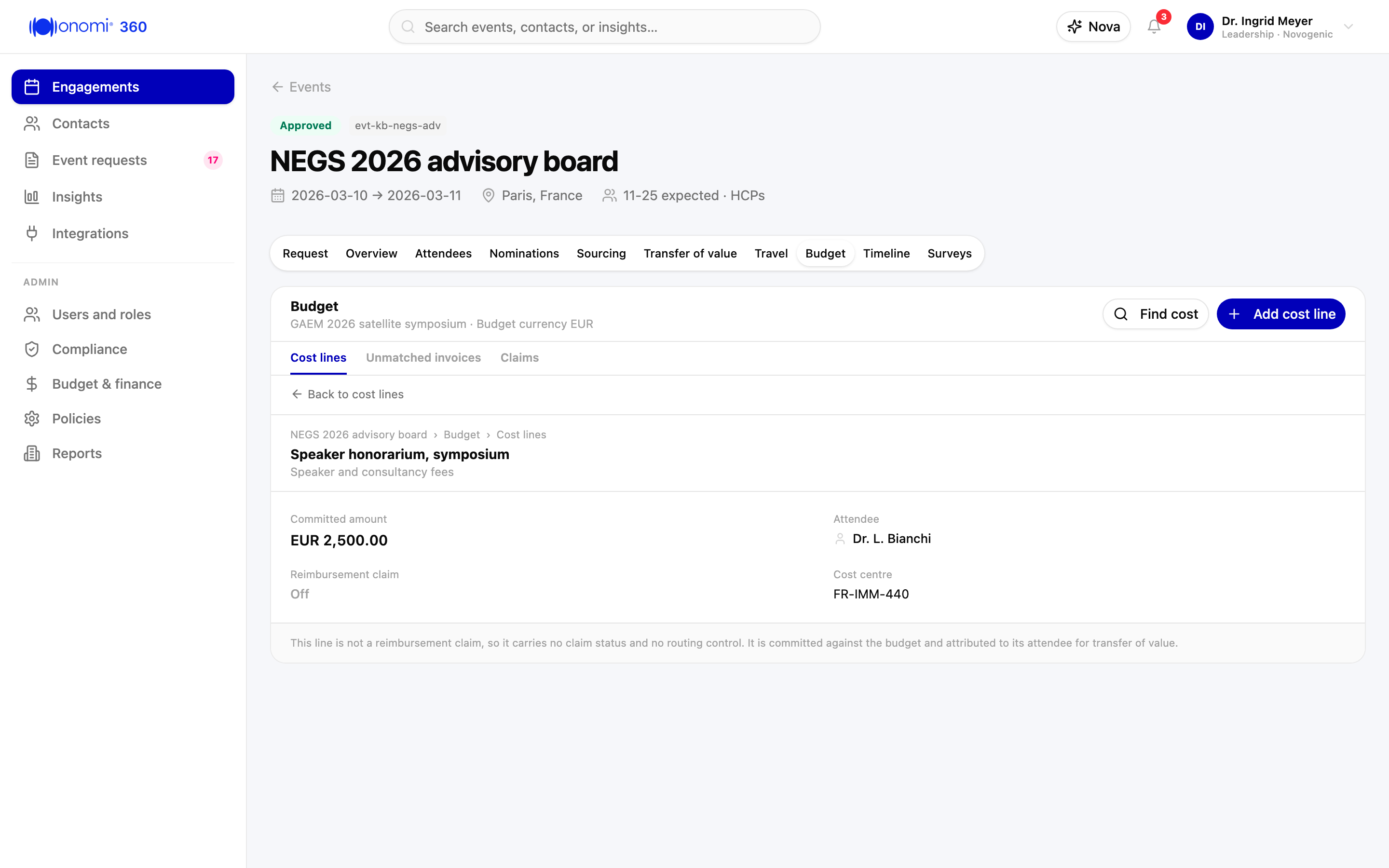 Screenshot kb-13-04: an honorarium on the cost line, "Speaker honorarium, symposium" under the "Speaker and consultancy fees" category on "NEGS 2026 advisory board", Committed amount EUR 2,500.00, Attendee Dr. L. Bianchi, Reimbursement claim off, no claim status and no routing control on the line, Novogenic demo workspace, synthetic data
