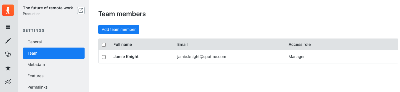 Screenshot kb-06-01: the Team members view in Backstage, under Settings, with Add team member above the list and the list showing each member's full name, email, and access role. This is the live product's own screenshot, published in our knowledge base (support.spotme.com article 115001212945), so it shows SpotMe documentation content rather than the Novogenic demo workspace