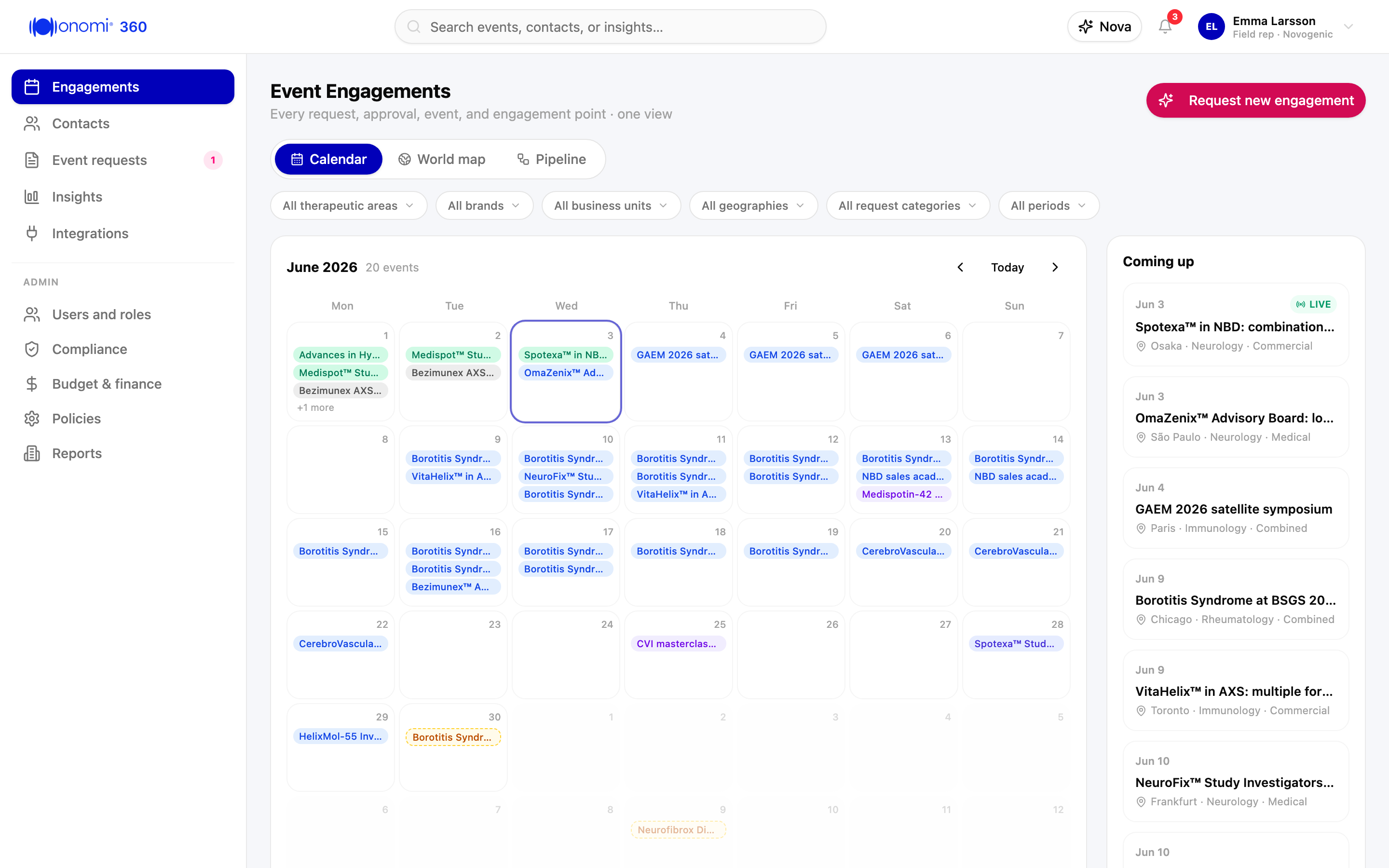 Screenshot kb-10-14: Onomi 360 calendar-focused view showing the complete June 2026 month, status colors, shared portfolio filters, and the upcoming-events rail while preserving the same application navigation, Novogenic demo workspace, synthetic data