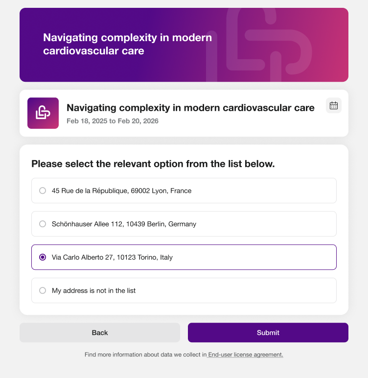 Screenshot kb-15-03: Identity resolution at registration, the profile confirmation screen shown when the search returns multiple potential matches, two candidate profiles for "L. Bianchi" from the connected source differing on institution and city, and the registrant selecting the correct one before the registration completes, Novogenic demo workspace, synthetic data, synthetic HCP
