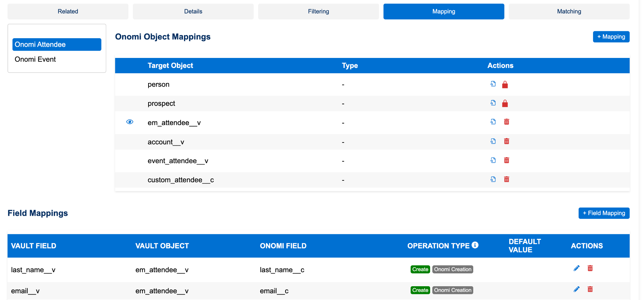 Screenshot kb-11-02: Veeva SpotMe Sync App configuration in the customer's CRM, connector status view with the four flows listed and enabled (Event intake, Registrant synchronization, Engagement write-back, and Meeting record sync, outbound), the filtering rule panel showing "Business unit = Oncology" scoping which Novogenic events synchronize, and the field-mapping count shown per flow