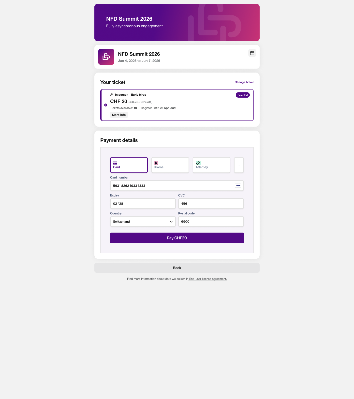 Screenshot kb-13-05: card payments at registration, the registration step of a paid event in the event workspace showing the payment gateway's card form for a registration fee of EUR 150.00, and behind it the registration record carrying the payment outcome reported by the gateway, Novogenic demo workspace, synthetic data