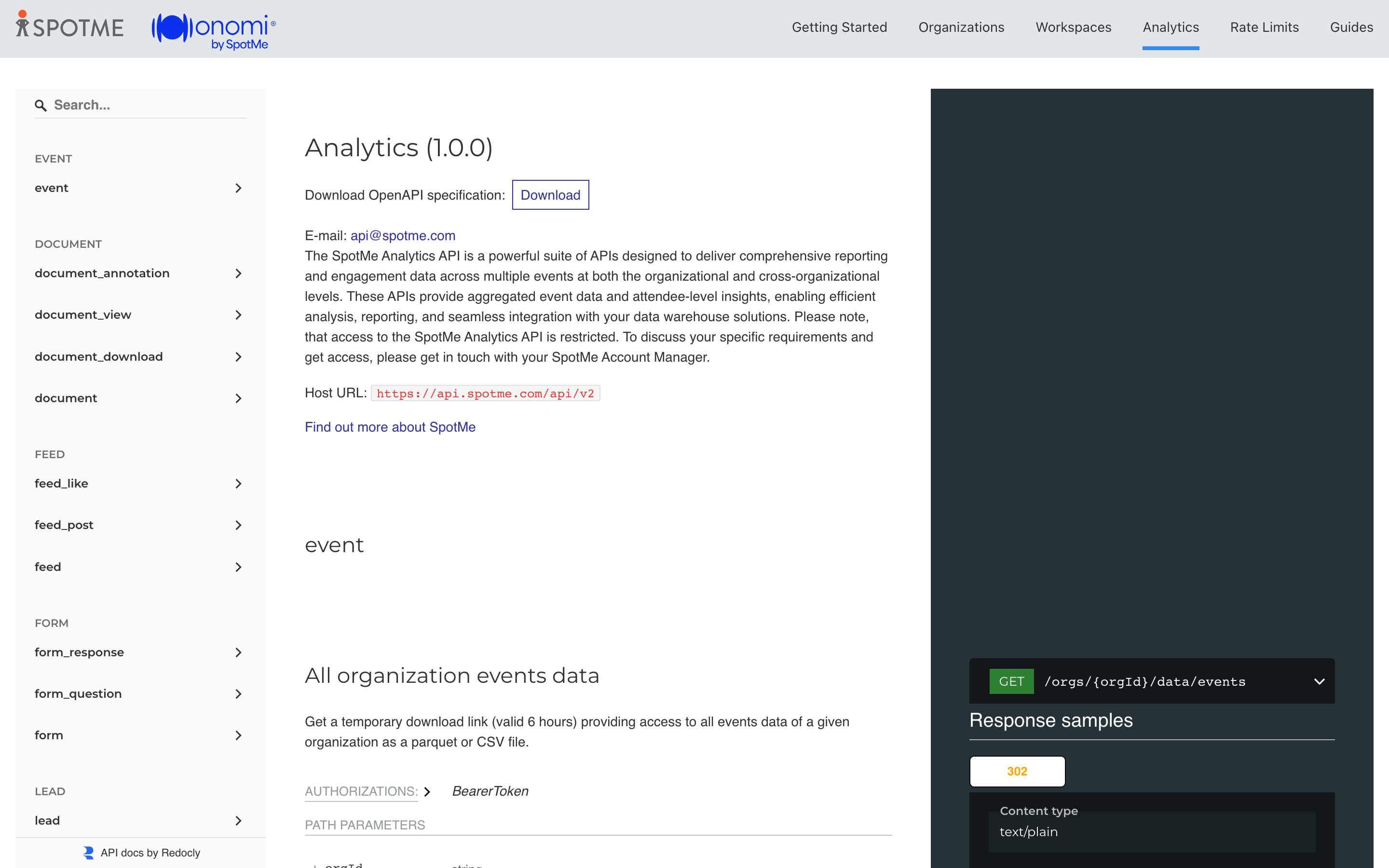 Screenshot kb-11-04: Analytics API reference at developer.spotme.com/docs/analytics, the events entity page as the data dictionary: the full attribute list with types, including the event identifier, name, start and end dates, and the aggregate participant and activation counts, the CSV and Parquet format options, and the OpenAPI specification download